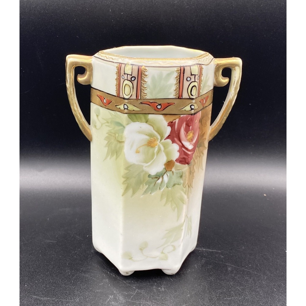 Vintage Nippon Hand Painted Porcelain Hexagonal Vase Gold Gilded Floral 6.25in